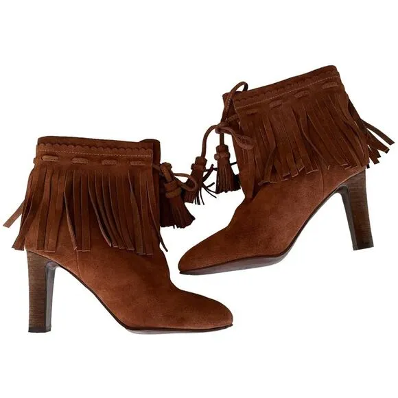 See by Chloe Irina Fringe Heeled Ankle Boots Suede Brown Leather