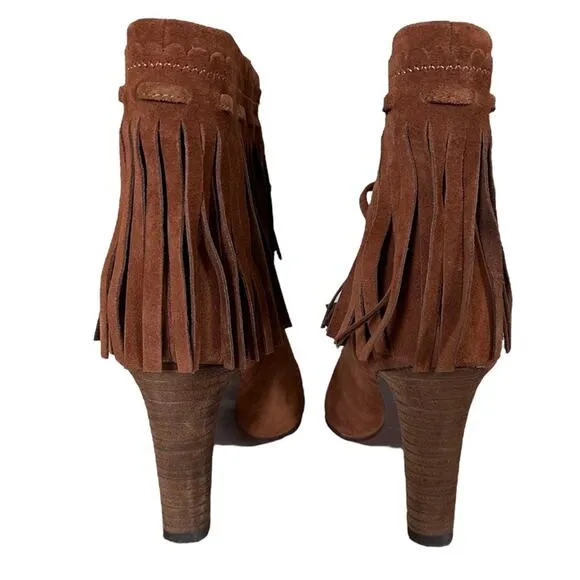 See by Chloe Irina Fringe Heeled Ankle Boots Suede Brown Leather