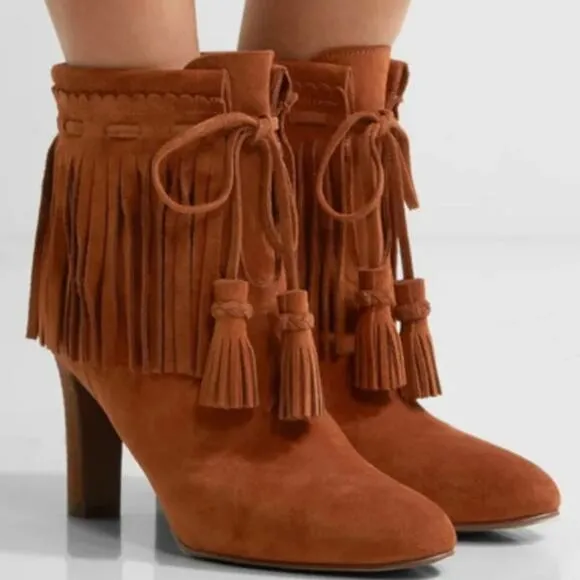 See by Chloe Irina Fringe Heeled Ankle Boots Suede Brown Leather