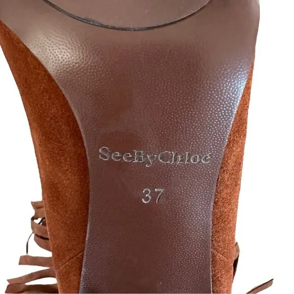 See by Chloe Irina Fringe Heeled Ankle Boots Suede Brown Leather
