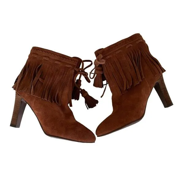 See by Chloe Irina Fringe Heeled Ankle Boots Suede Brown Leather