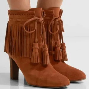 See by Chloe Irina Fringe Heeled Ankle Boots Suede Brown Leather