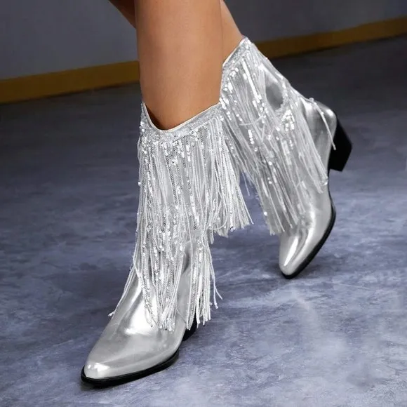 Silver Trendy Women Fringe &amp; Sequins Decor Point Toe Chunky Heeled Western Boots