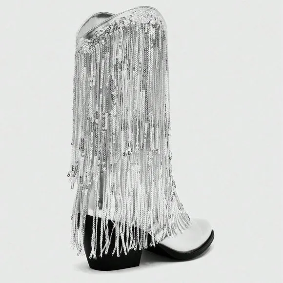 Silver Trendy Women Fringe &amp; Sequins Decor Point Toe Chunky Heeled Western Boots