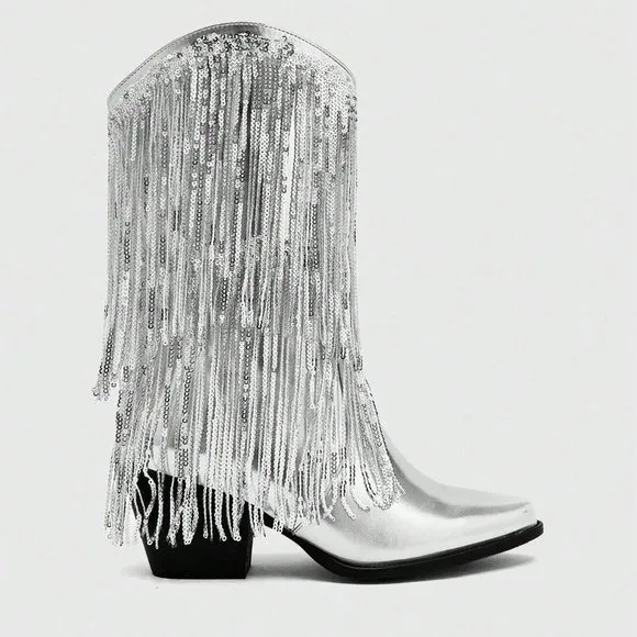 Silver Trendy Women Fringe &amp; Sequins Decor Point Toe Chunky Heeled Western Boots