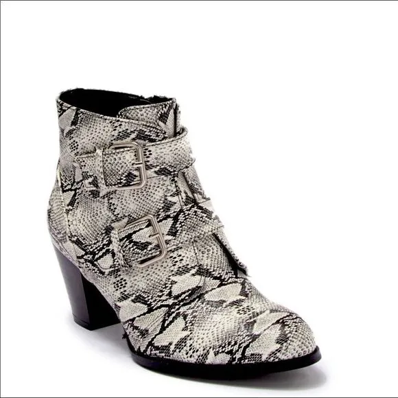 Snakeskin White Black Silver Buckled Straps Heel Boot by Matisse NEW