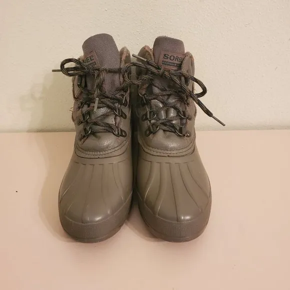 Sorel 9T Ankle Duck Boots Gray Green Leather Waterproof Canada USA