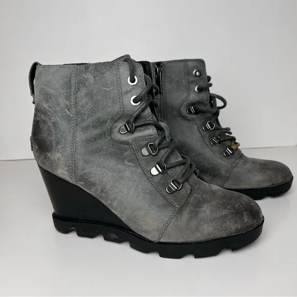 Sorel Boots Women's 10 Joan Uptown Wedge Bootie Ankle Gray Lace Up Walking