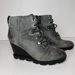 Sorel Boots Women's 10 Joan Uptown Wedge Bootie Ankle Gray Lace Up Walking