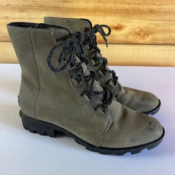 Sorel Boots Womens 10 Phoenix Combat Green Leather Waterproof Short‎ Lace Moto