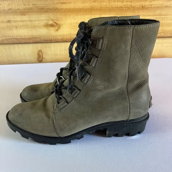 Sorel Boots Womens 10 Phoenix Combat Green Leather Waterproof Short‎ Lace Moto