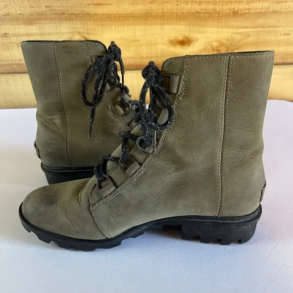 Sorel Boots Womens 10 Phoenix Combat Green Leather Waterproof Short‎ Lace Moto
