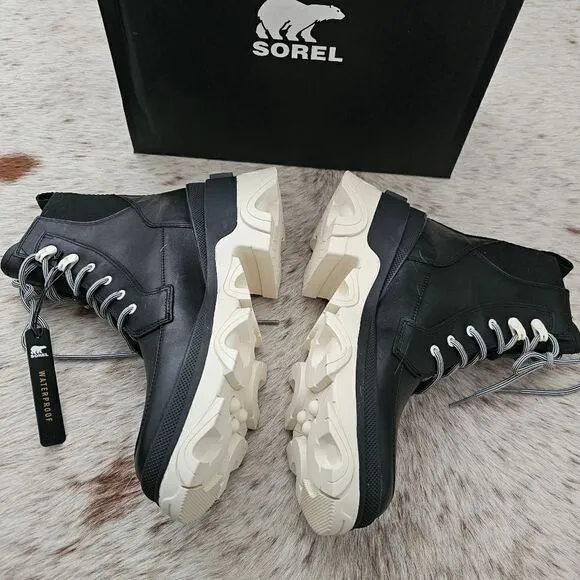 SOREL Brex™ Women's Waterproof Lace-Up Platform Boots in Black/Chalk NEW $180