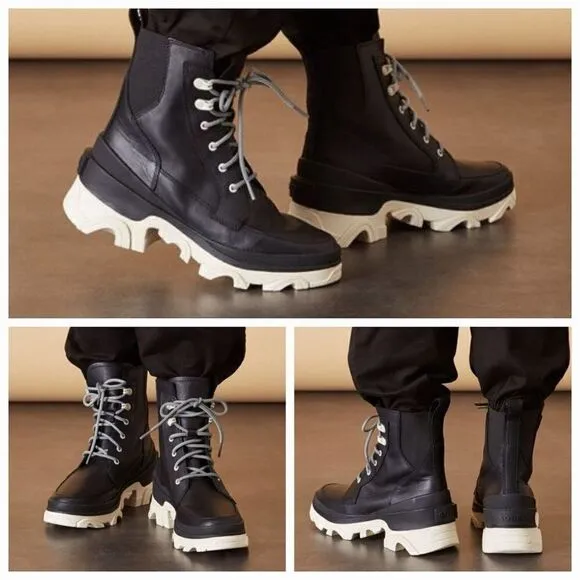 SOREL Brex™ Women's Waterproof Lace-Up Platform Boots in Black/Chalk NEW $180