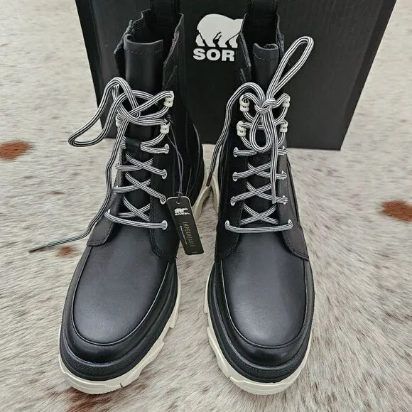SOREL Brex™ Women's Waterproof Lace-Up Platform Boots in Black/Chalk NEW $180