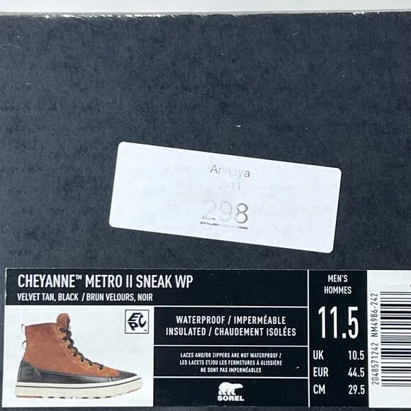 Sorel Cheyanne Metro II Sneak Waterproof Boots Velvet Tan/Black Men's US 11.5