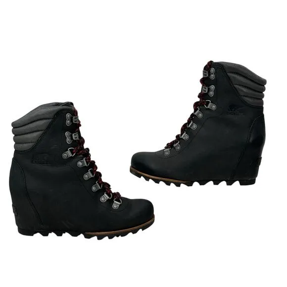 Sorel Conquest Wedge Boots Womens SZ 7.5 Black Hiking Comfort Outdoor Waterproof