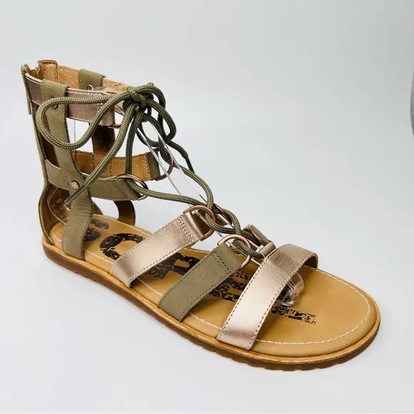 SOREL Ella Lace Up Sage/Metallic Gold Leather Gladiator Flat Sandals