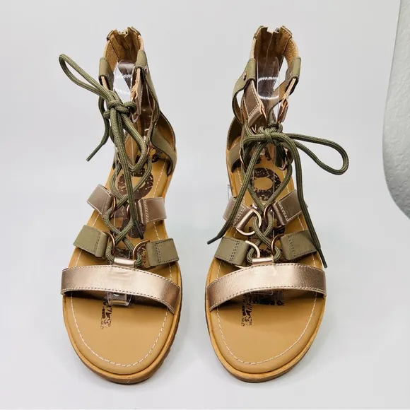 SOREL Ella Lace Up Sage/Metallic Gold Leather Gladiator Flat Sandals