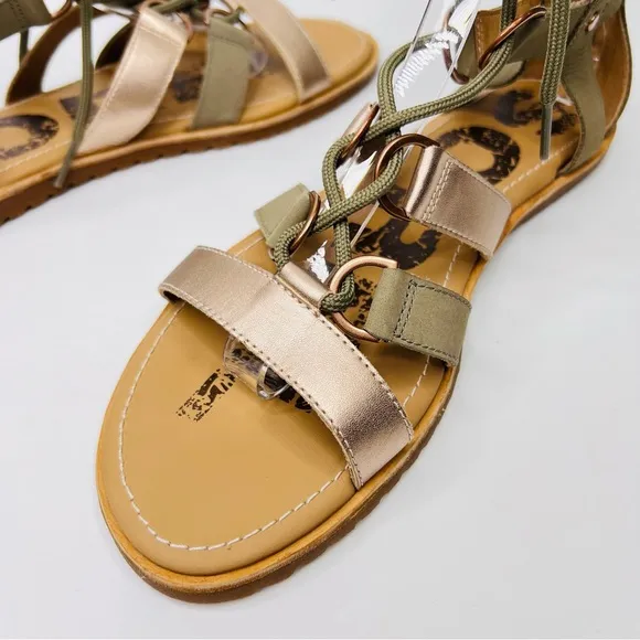 SOREL Ella Lace Up Sage/Metallic Gold Leather Gladiator Flat Sandals