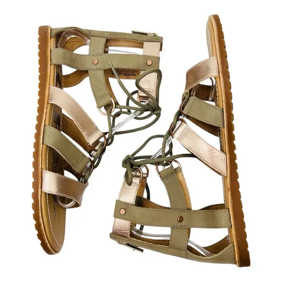 SOREL Ella Lace Up Sage/Metallic Gold Leather Gladiator Flat Sandals