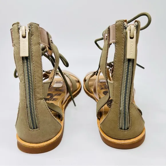 SOREL Ella Lace Up Sage/Metallic Gold Leather Gladiator Flat Sandals