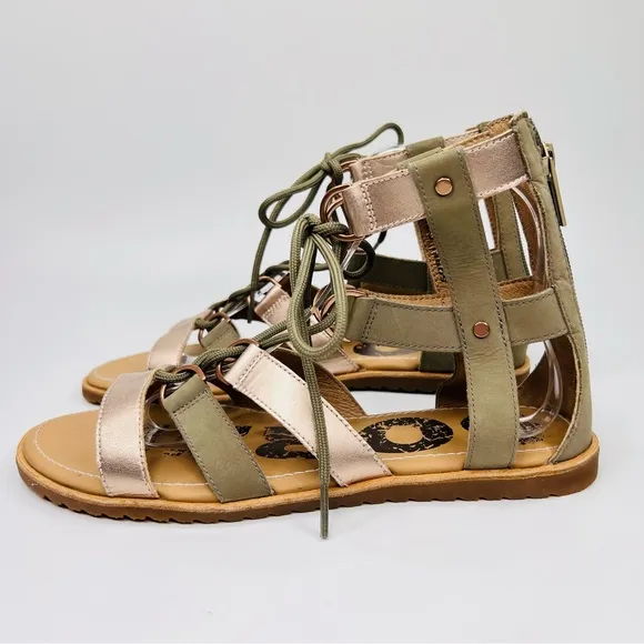 SOREL Ella Lace Up Sage/Metallic Gold Leather Gladiator Flat Sandals