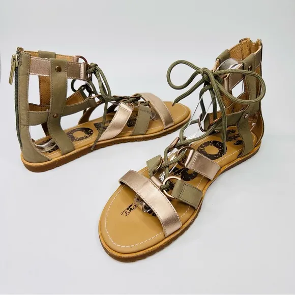 SOREL Ella Lace Up Sage/Metallic Gold Leather Gladiator Flat Sandals