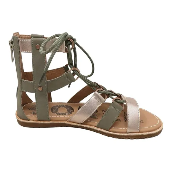 SOREL Ella Lace Up Sage/Metallic Gold Leather Gladiator Flat Sandals