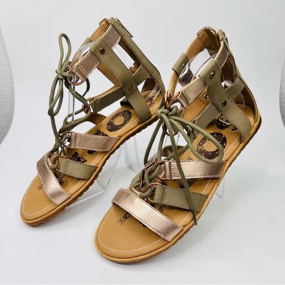 SOREL Ella Lace Up Sage/Metallic Gold Leather Gladiator Flat Sandals