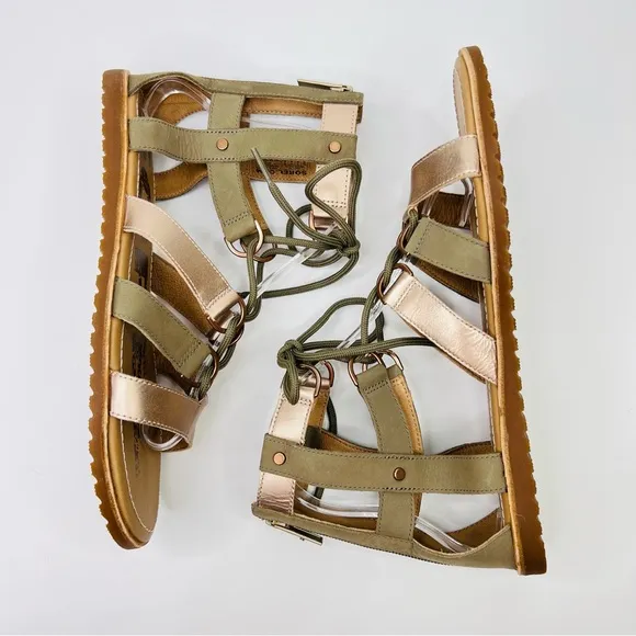 SOREL Ella Lace Up Sage/Metallic Gold Leather Gladiator Flat Sandals