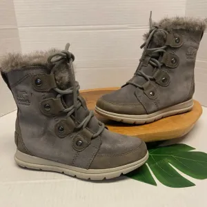 SOREL Fur Trimmed Grey Suede Lace Up Winter Outdoor Boots