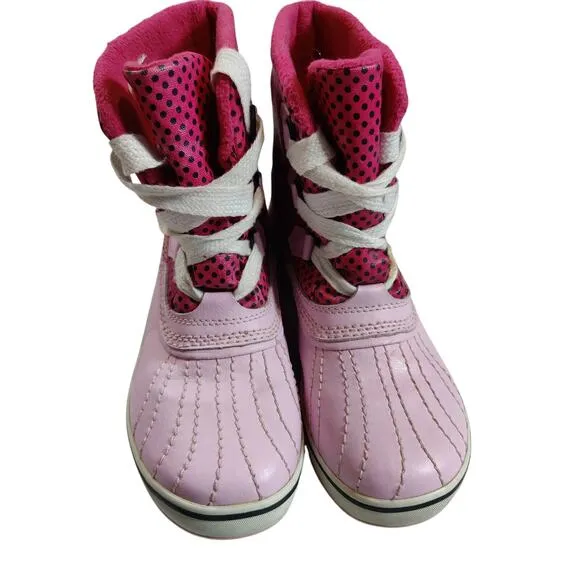 Sorel Girls Sz 4 Pink Polka Dot Duck Boots Lace Up Waterproof Fleece Lined