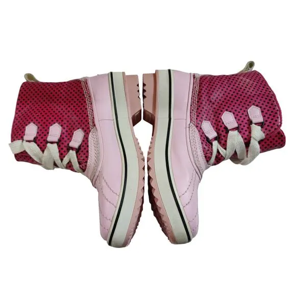 Sorel Girls Sz 4 Pink Polka Dot Duck Boots Lace Up Waterproof Fleece Lined