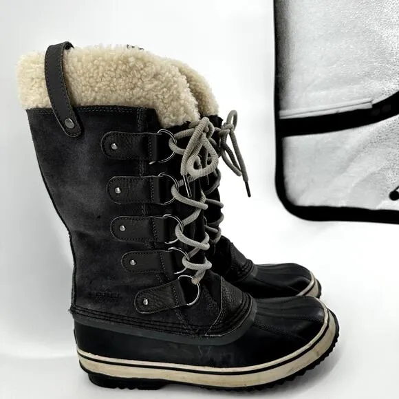 Sorel Joan of Arctic Boots Leather Winter Snow Lace Up Faux Shearling Black 8.5