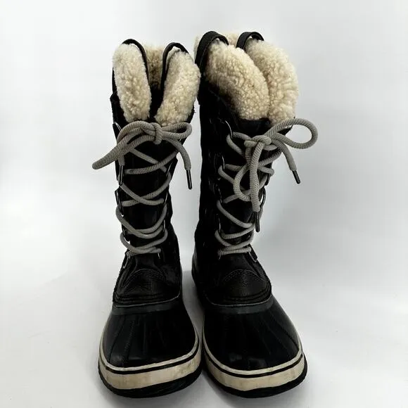 Sorel Joan of Arctic Boots Leather Winter Snow Lace Up Faux Shearling Black 8.5