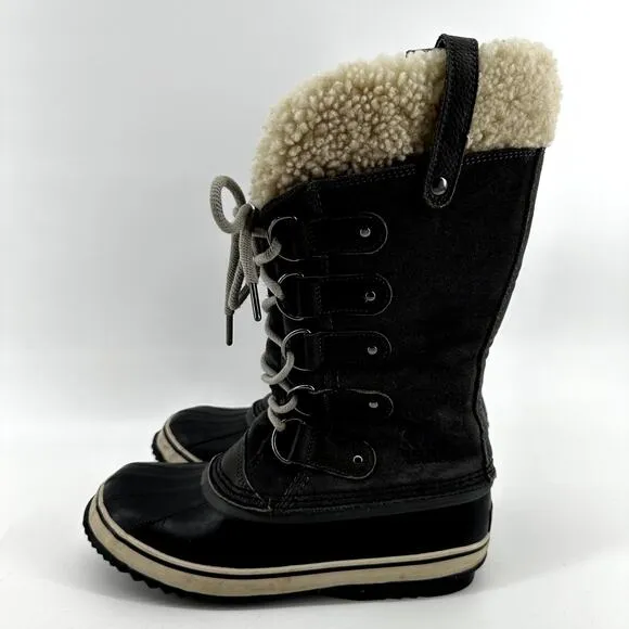 Sorel Joan of Arctic Boots Leather Winter Snow Lace Up Faux Shearling Black 8.5
