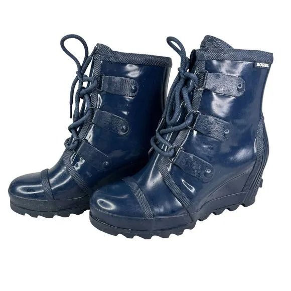 Sorel Joan of Arctic Wedge Rain Boots Waterproof Blue Glossy 9.5