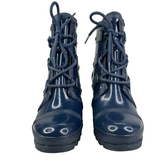 Sorel Joan of Arctic Wedge Rain Boots Waterproof Blue Glossy 9.5