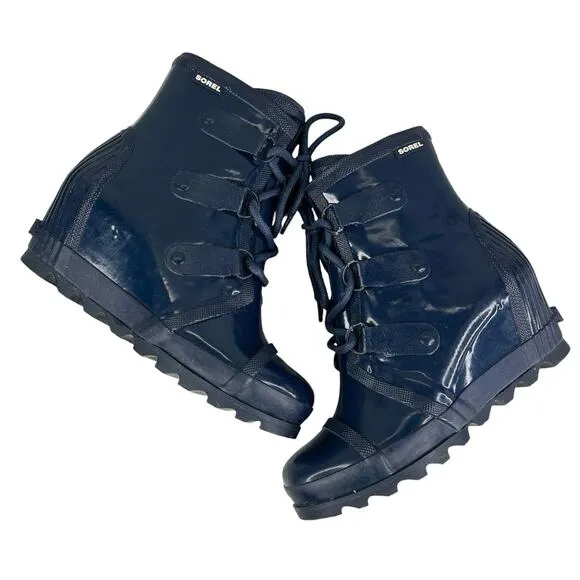 Sorel Joan of Arctic Wedge Rain Boots Waterproof Blue Glossy 9.5