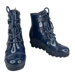 Sorel Joan of Arctic Wedge Rain Boots Waterproof Blue Glossy 9.5