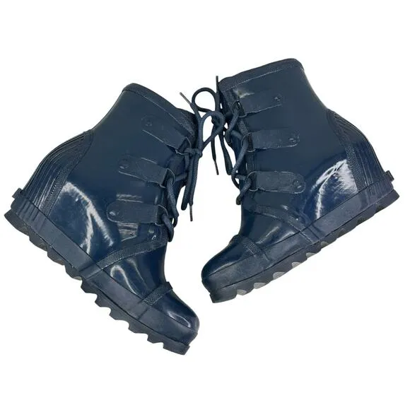 Sorel Joan of Arctic Wedge Rain Boots Waterproof Blue Glossy 9.5