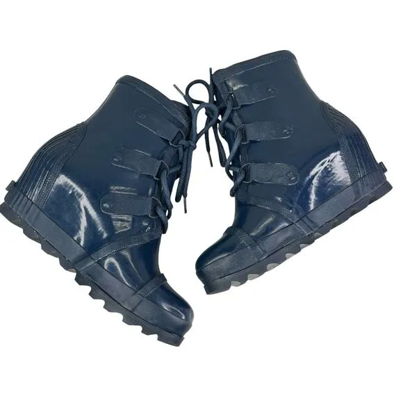 Sorel Joan of Arctic Wedge Rain Boots Waterproof Blue Glossy 9.5