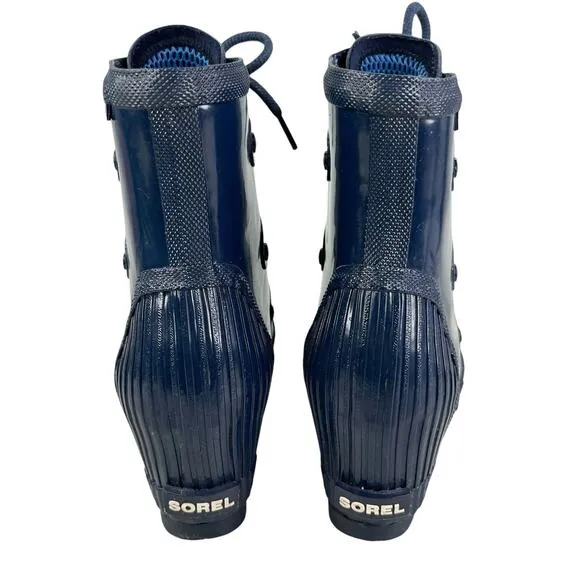 Sorel Joan of Arctic Wedge Rain Boots Waterproof Blue Glossy 9.5