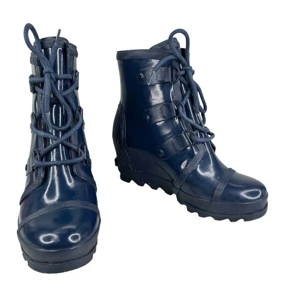 Sorel Joan of Arctic Wedge Rain Boots Waterproof Blue Glossy 9.5