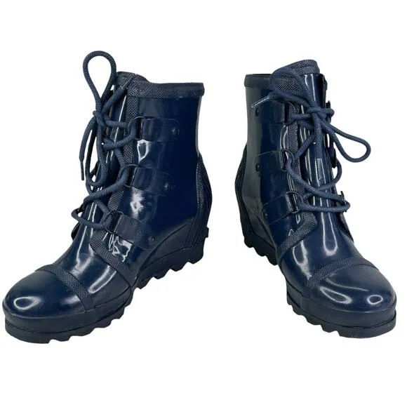 Sorel Joan of Arctic Wedge Rain Boots Waterproof Blue Glossy 9.5