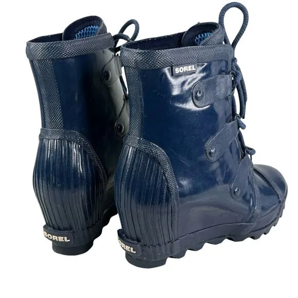 Sorel Joan of Arctic Wedge Rain Boots Waterproof Blue Glossy 9.5