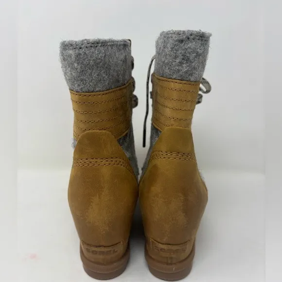 Sorel Lexie Wedge 10.5 Felt Camel Brown‎ Leather Lace Up Boot Waterproof