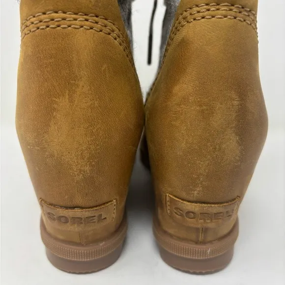Sorel Lexie Wedge 10.5 Felt Camel Brown‎ Leather Lace Up Boot Waterproof