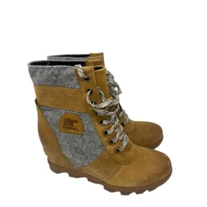 Sorel Lexie Wedge 10.5 Felt Camel Brown‎ Leather Lace Up Boot Waterproof